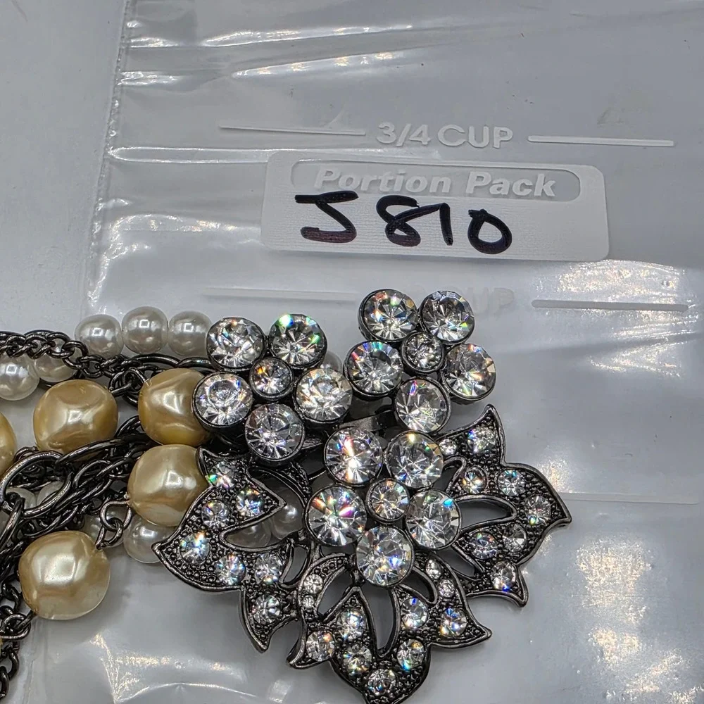 Express Gunmetal Faux Pearl Rhinestone Floral Multi Strand Statement Necklace‎
